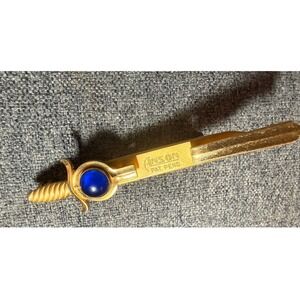 Vintage Anson patent pending Gold Tone folding Sword Tie Clip Blue Cabochon